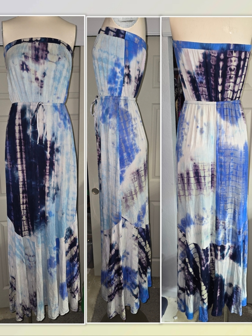 Rolla Coster Tie Dye Beachy Boho Maxi Dress Blue White Ty Dye Stretch Junior's M